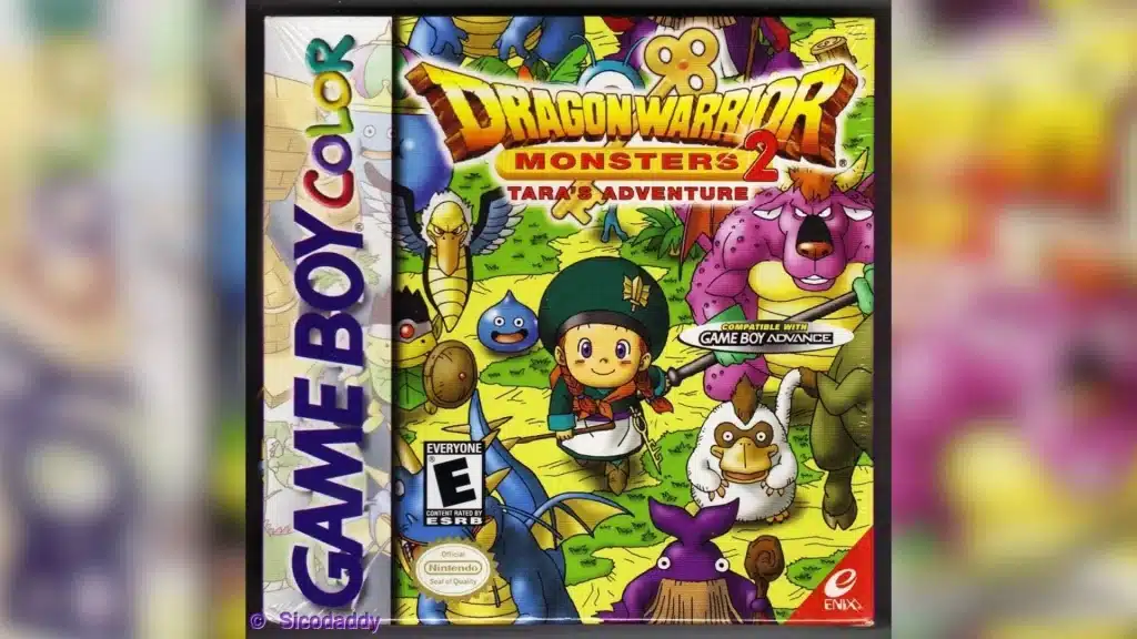Game Boy Color box art for Dragon Warrior Monsters 2 Tara's Adventure featuring monsters and colorful RPG artwork