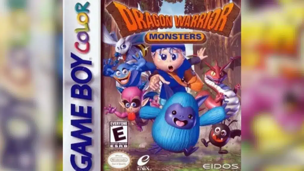 Game Boy Color box art for Dragon Warrior Monsters featuring a hero surrounded by colorful monsters and fantasy RPG art