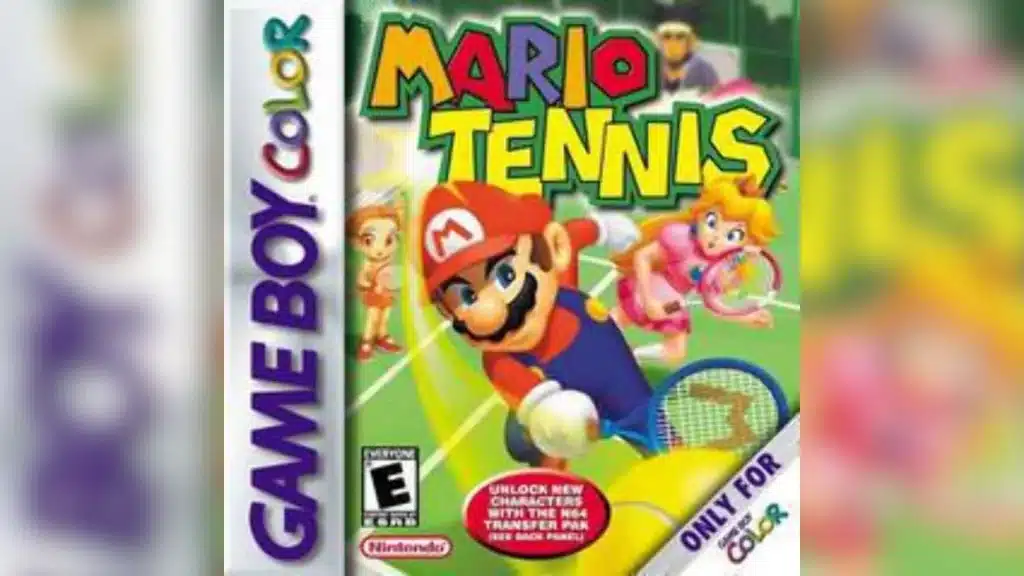 Game Boy Color box art for Mario Tennis showing Mario and Peach playing tennis on a bright green court cover