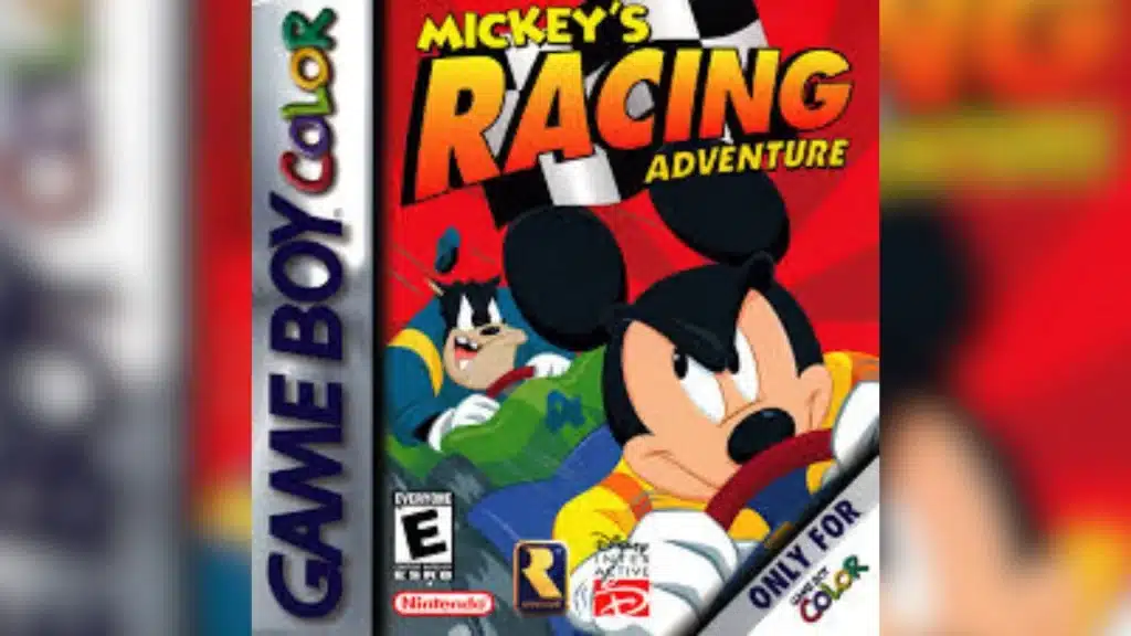 Game Boy Color box art for Mickey's Racing Adventure featuring Mickey Mouse driving on a red racing cover