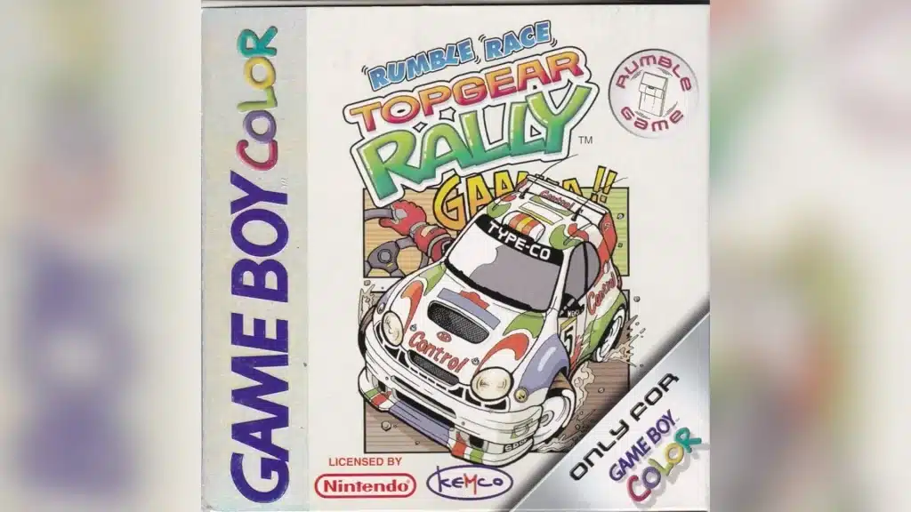 Game Boy Color box art for Top Gear Rally showing a rally car on a white cover with racing artwork