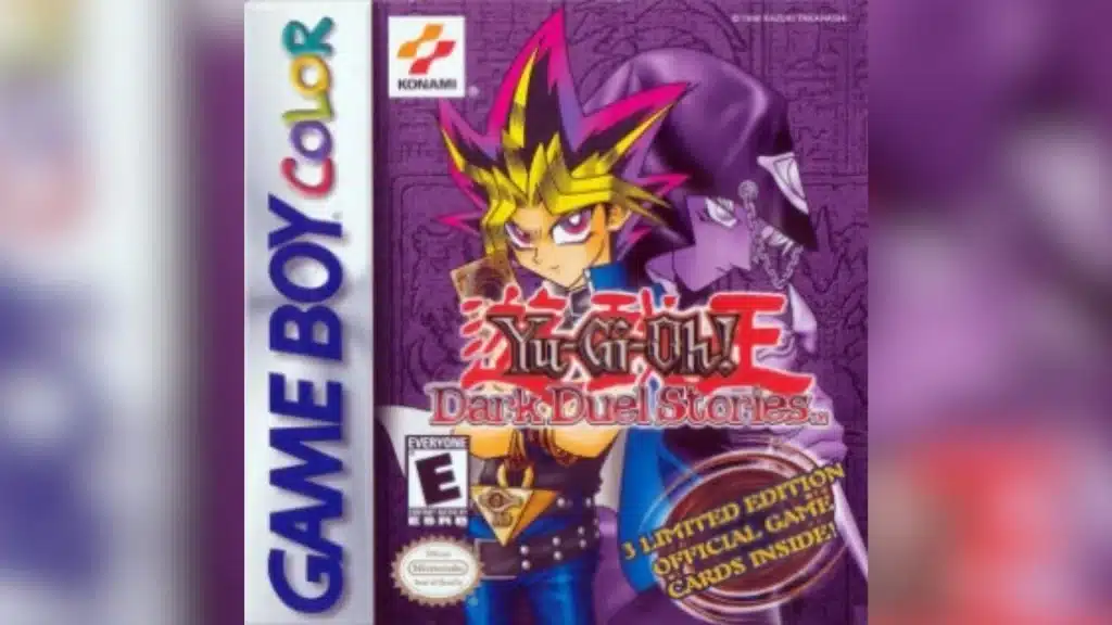 Game Boy Color box art for Yu-Gi-Oh Dark Duel Stories featuring Yugi on a purple cover with card game artwork