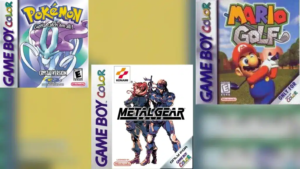 Game Boy Color game covers featuring Pokemon Crystal, Metal Gear Solid, and Mario Golf over a retro gaming background