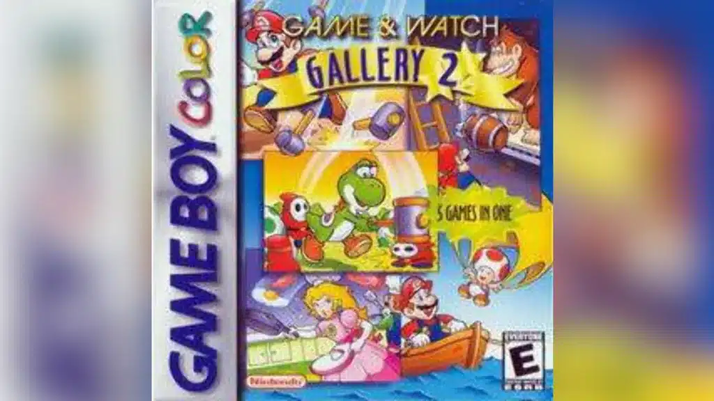 Game & Watch Gallery 2 Game Boy Color cover showing Mario, Yoshi, Donkey Kong, Princess Peach, and Toad in various mini-game scenes with 5 Games in 1 banner