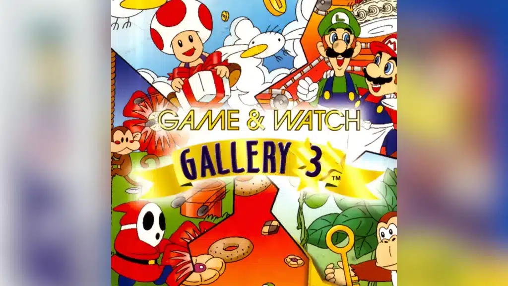Game & Watch Gallery 3 Game Boy Color cover showing Mario, Yoshi, Donkey Kong, Princess Peach, and Toad in various mini-game scenes with 5 Games in 1 banner
