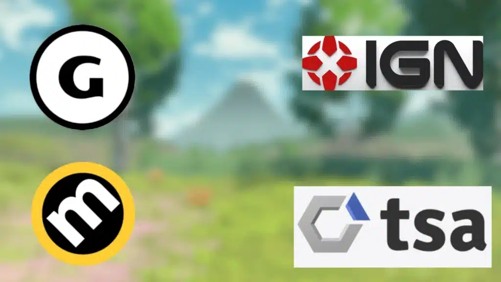 Game review logos including IGN, GameSpot, Metacritic, and other critics representing ratings for Pokemon Legends Arceus