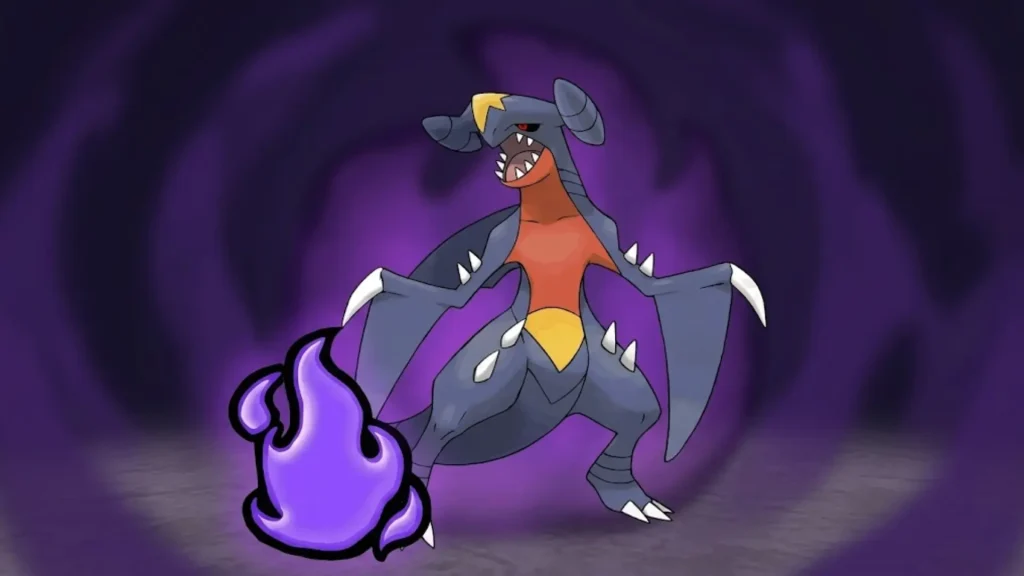 Garchomp Pokémon with purple aura and flame effect standing in a dark swirling background