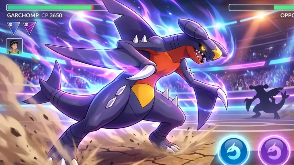 Garchomp in Master League PvP battle with charged moves Dragon Tail, Outrage, and Earth Power displayed