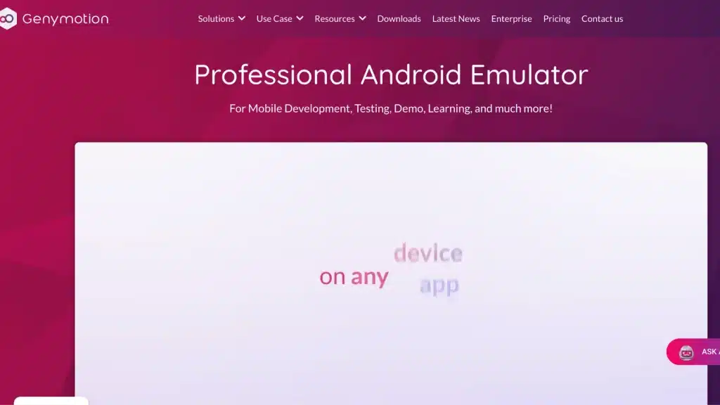 Genymotion website showing professional Android emulator for development, testing, and app usage across devices