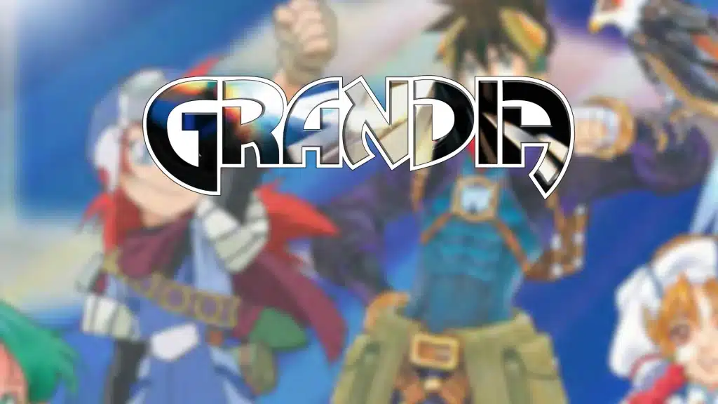 Grandia artwork showing Justin and party raising fists, with bright sky background and cheerful anime style characters