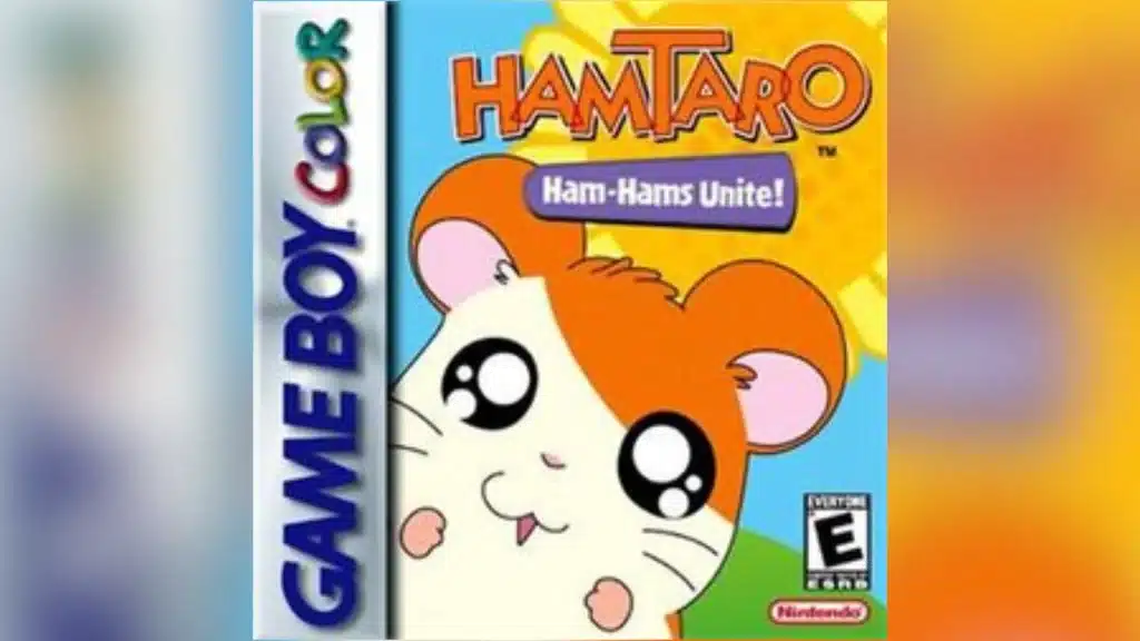 Hamtaro Ham-Hams Unite Game Boy Color cover showing Hamtaro smiling on a bright yellow background