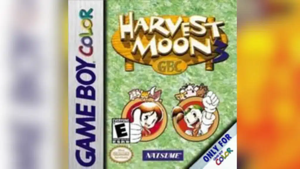 Harvest Moon GBC Game Boy Color cover showing two cheerful farmers on a green background with Natsume branding