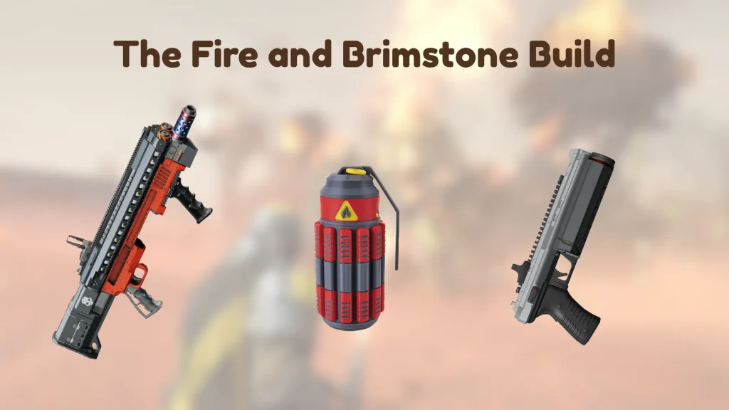 Helldivers 2 fire and brimstone build with incendiary weapon, grenade, and pistol on a fiery background
