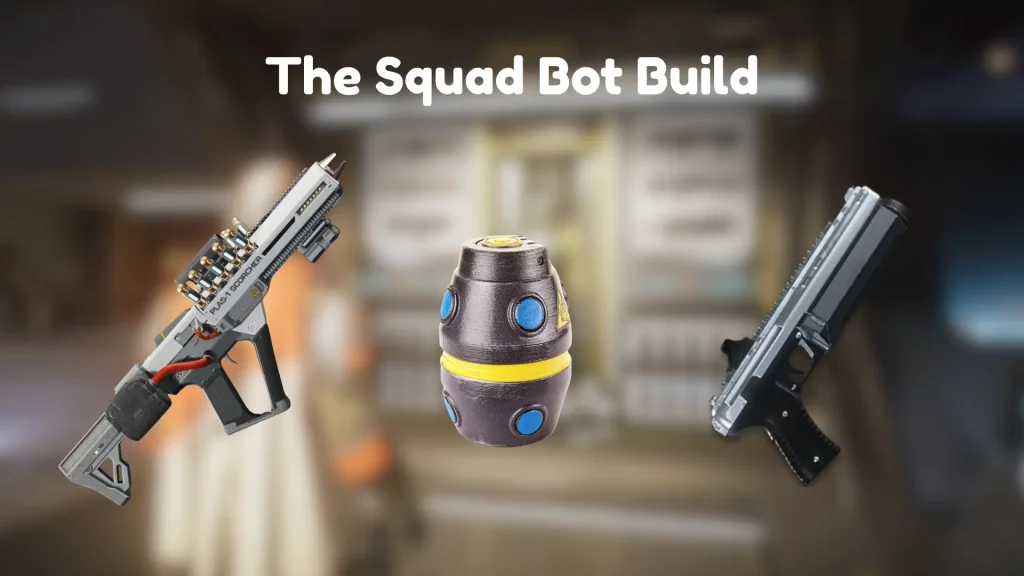 Helldivers 2 squad bot build showing rifle, grenade, and pistol setup for coordinated team combat against robots