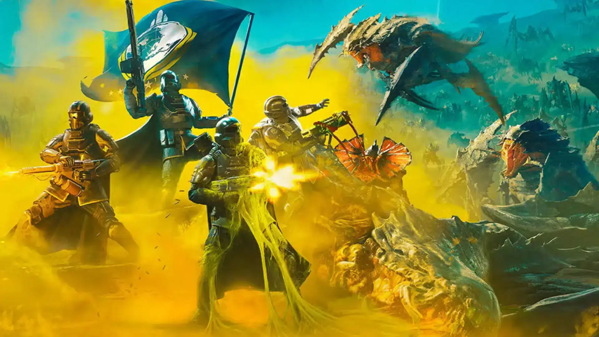 Helldivers squad battling alien bugs with heavy weapons, explosions, and flag in intense sci-fi combat scene