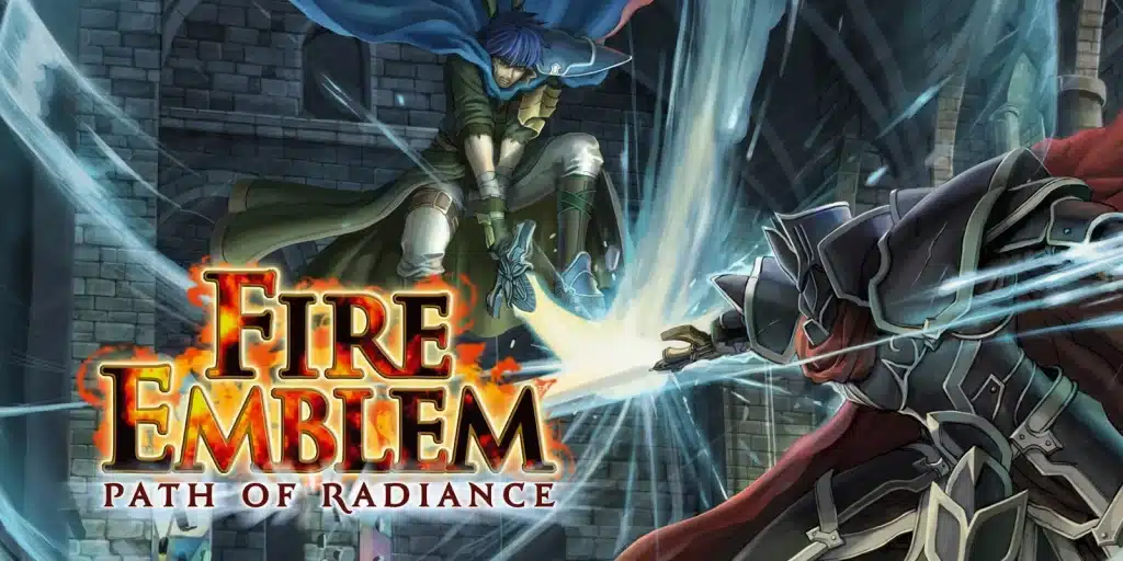 Ike clashing swords with a knight in Fire Emblem Path of Radiance amid sparks inside a stone castle scene