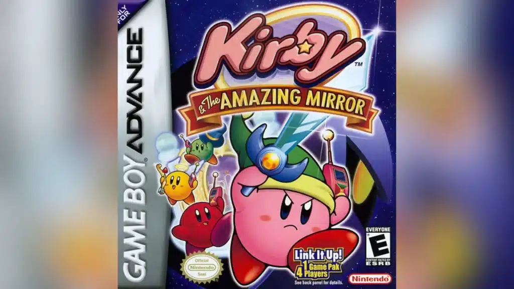 Kirby and the Amazing Mirror GBA cover art showing Kirby with a sword alongside three other colored Kirbys