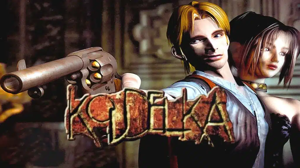 Koudelka artwork with main characters, showing a man aiming a revolver and a woman beside him in a dark gothic setting