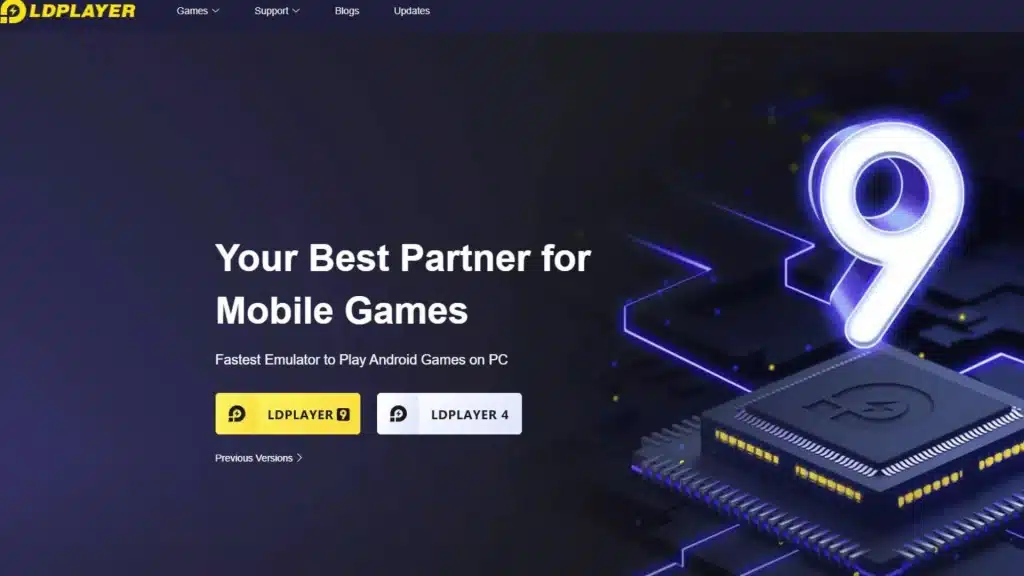 LDPlayer 9 emulator homepage with download options, highlighting fast Android gaming performance on PC