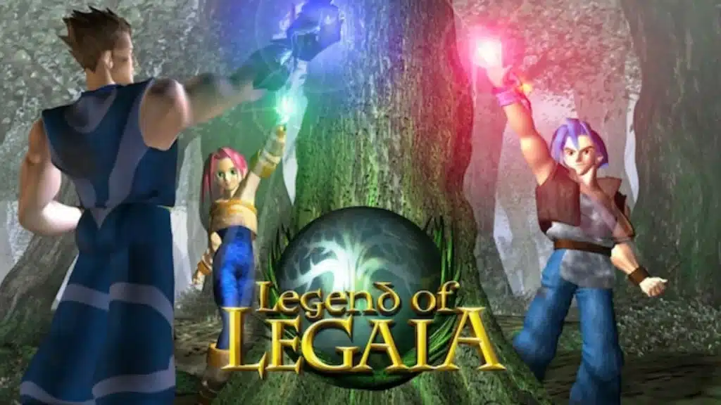 Legend of Legaia scene with three characters raising glowing orbs near a tree, with forest setting and game logo in center