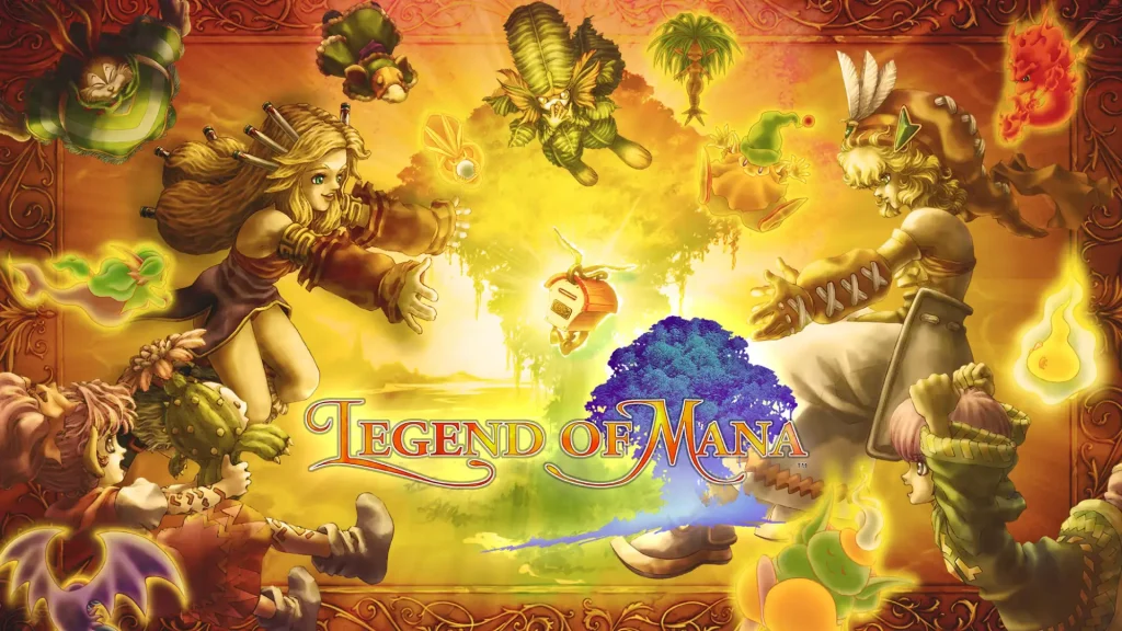 Legend of Mana artwork with characters reaching toward a glowing artifact, surrounded by colorful creatures and a warm fantasy background
