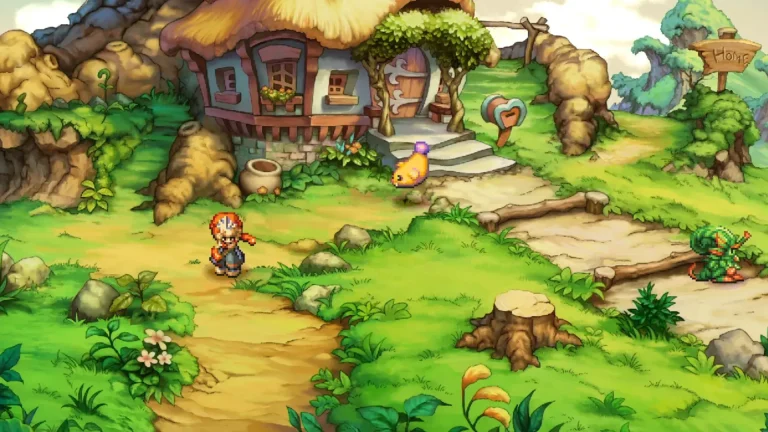 Legend of Mana scene showing colorful village, small character near cottage, lush greenery, image credit TheXboxHub