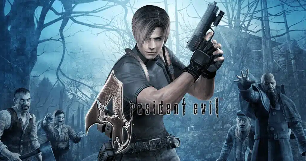 Leon S. Kennedy aiming a handgun in Resident Evil 4, surrounded by hostile villagers in a foggy forest