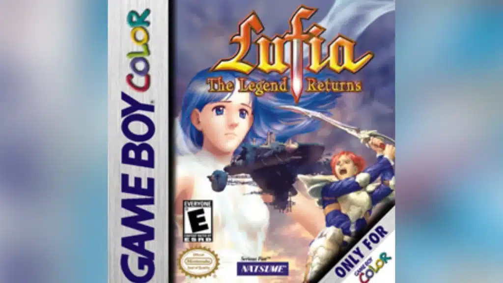 Lufia The Legend Returns Game Boy Color cover showing anime heroes, a floating ship, and fantasy artwork