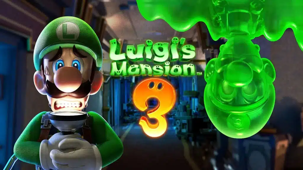 Luigi holding a flashlight in Luigi's Mansion 3 with a ghostly green reflection and glowing game logo