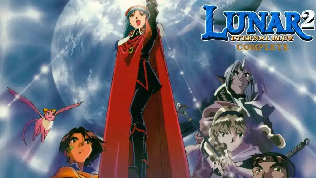 Lunar 2 Eternal Blue artwork with main characters under a glowing moon, featuring a central figure in red cape and party members around