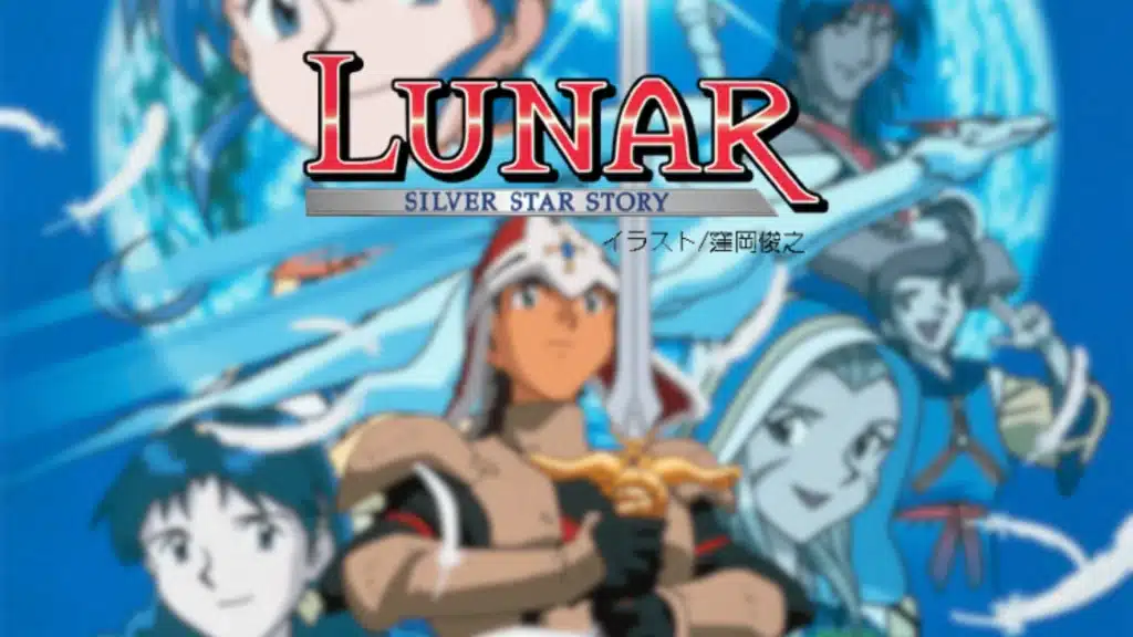 Lunar Silver Star Story artwork with hero holding sword, party members behind, and a large moon glowing in the background