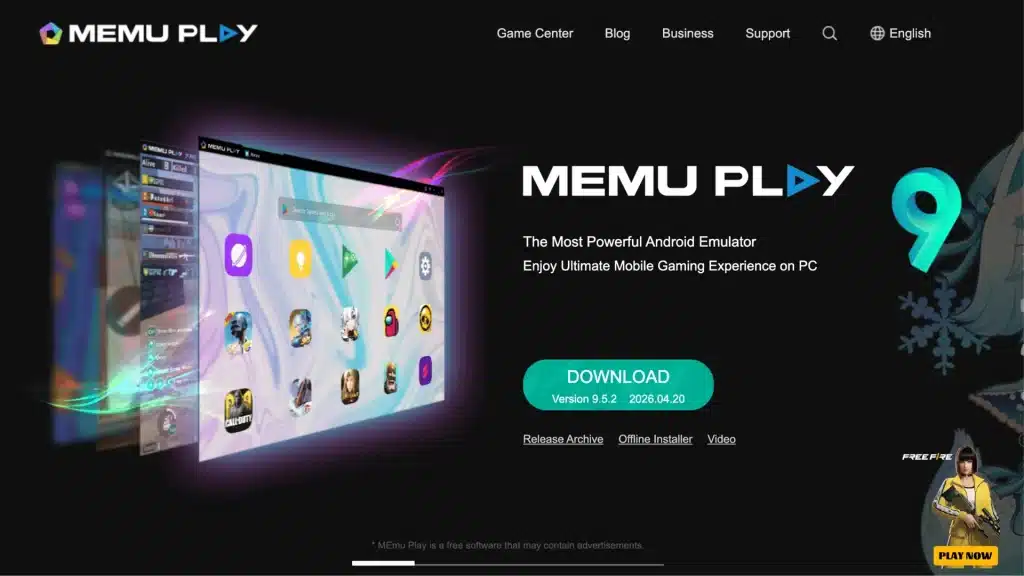 MEmu Play 9 emulator homepage with download button, Android apps display, and PC gaming interface
