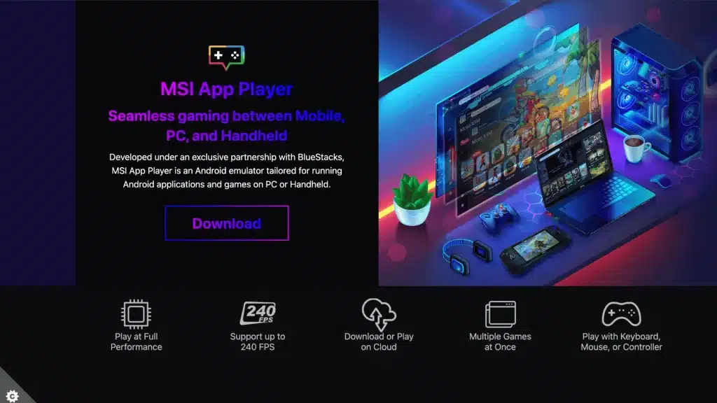 MSI App Player page showing emulator features, download option, and gaming across PC, mobile, and handheld devices