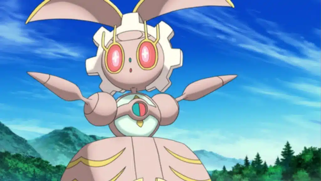 Magearna standing in a calm outdoor setting, showing its Steel and Fairy type design with mechanical body details