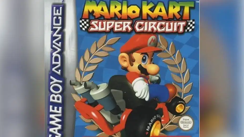 Mario Kart Super Circuit GBA cover featuring Mario driving his kart in front of a laurel wreath