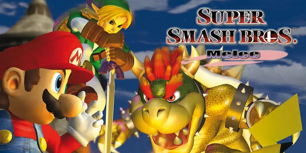 Mario, Link, and Bowser facing off in Super Smash Bros. Melee with game logo in the background
