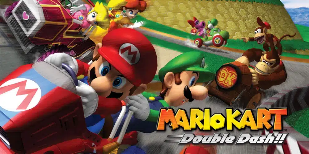 Mario and Luigi racing in Mario Kart Double Dash with other Nintendo characters on a colorful track