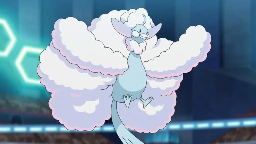 Mega Altaria in battle from Pokemon Ultimate Journeys, showing its Dragon and Fairy type form with large cloud like wings