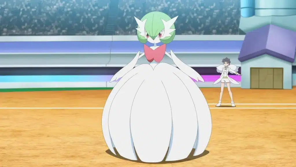 Mega Gardevoir in battle during Pokemon Ultimate Journeys, showing its elegant Fairy and Psychic type form