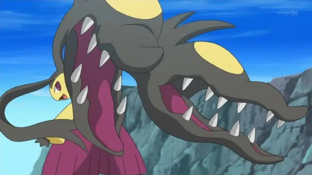 Mega Mawile in battle from the Pokemon anime, showing its powerful Steel and Fairy type jaws and Huge Power strength