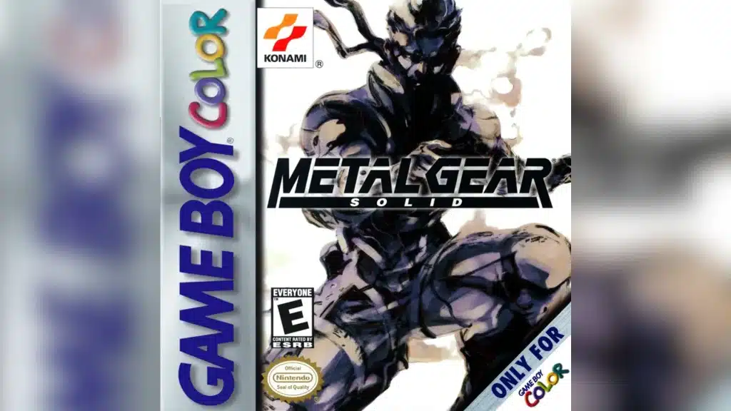 Metal Gear Solid Game Boy Color box art featuring a soldier holding a silenced pistol with green tactical grid background and bold title