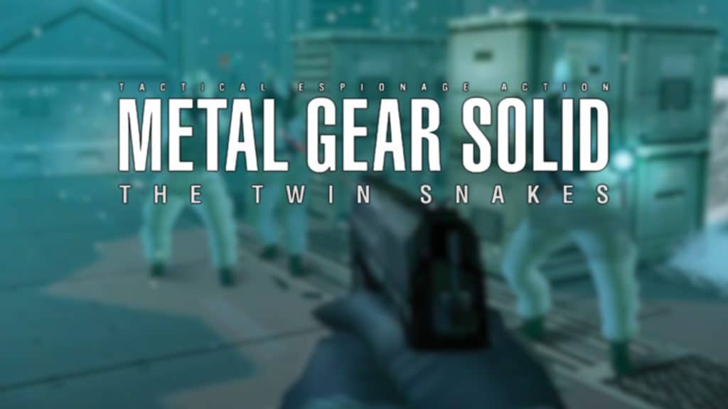 Metal Gear Solid The Twin Snakes gameplay scene with first person gun view and guards in a stealth setting