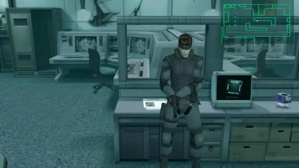 Metal Gear Solid The Twin Snakes scene with Solid Snake holding a gun in a control room, radar map visible, via GamingBolt
