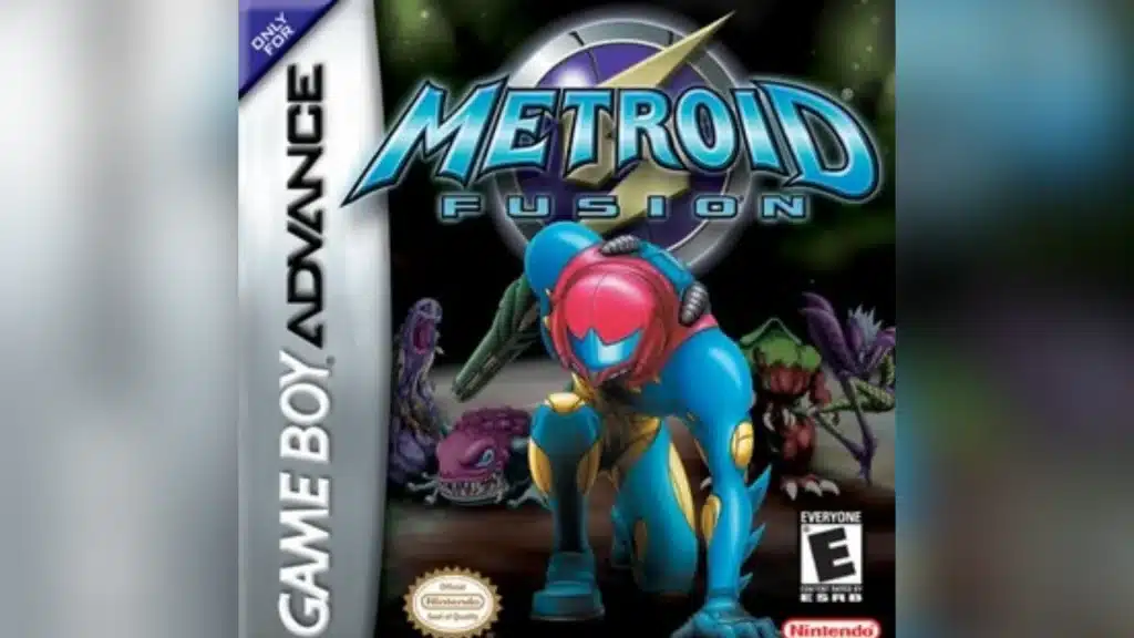 Metroid Fusion GBA cover art featuring Samus Aran in her Fusion Suit kneeling in front of various alien enemies