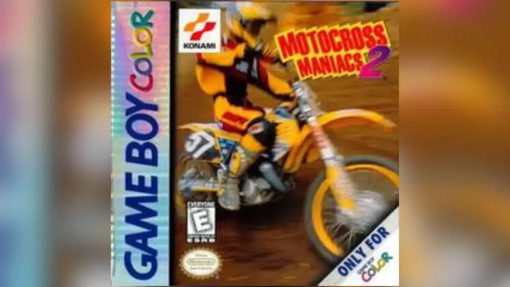 Motocross Maniacs 2 Game Boy Color cover showing a motocross rider in yellow gear racing on a dirt track, with Konami branding