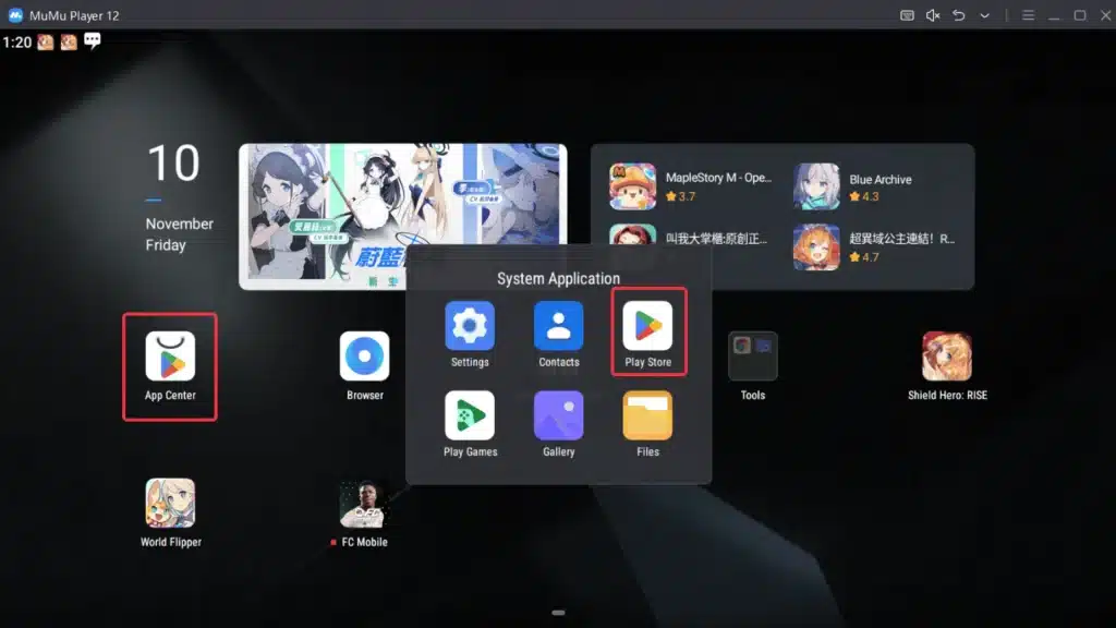MuMu Player 12 emulator home screen showing app center, Play Store, and Android apps interface on PC