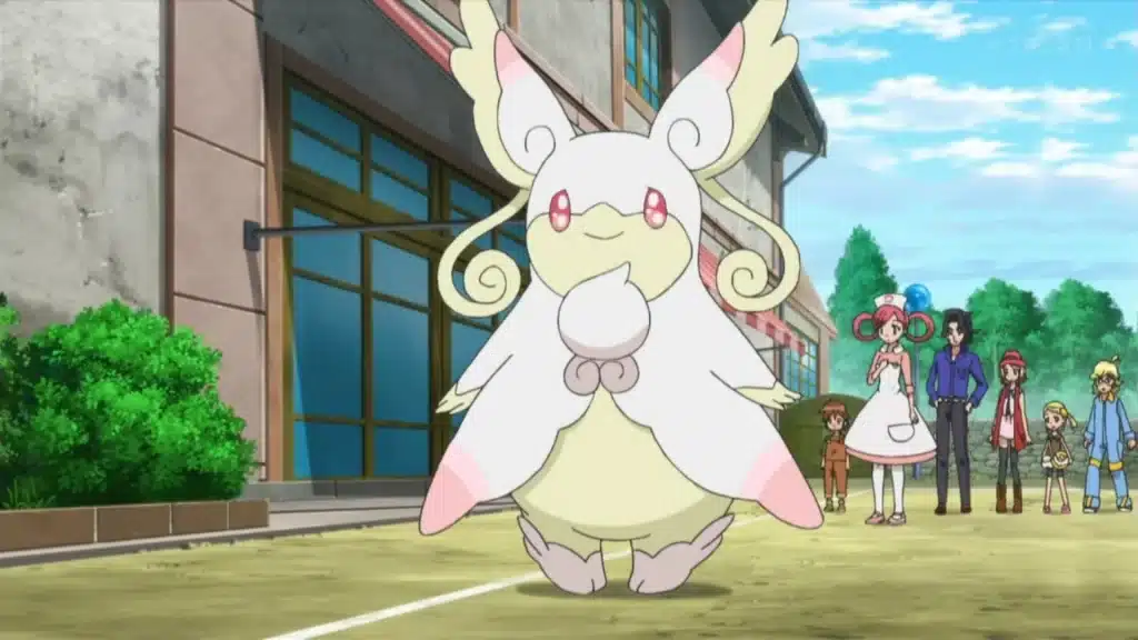 Nurse Joy’s Mega Audino standing in the anime, showing its Fairy type form and healing focused design