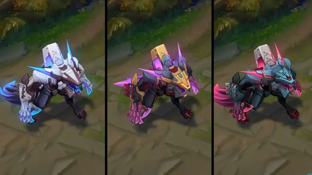 PROJECT Warwick chromas showing white, gold, and dark variants with neon accents on the cybernetic wolf skin in League of Legends