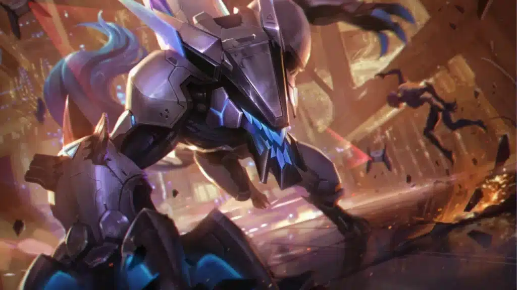 PROJECT Warwick splash art showing cyber wolf charging through a futuristic city in League of Legends