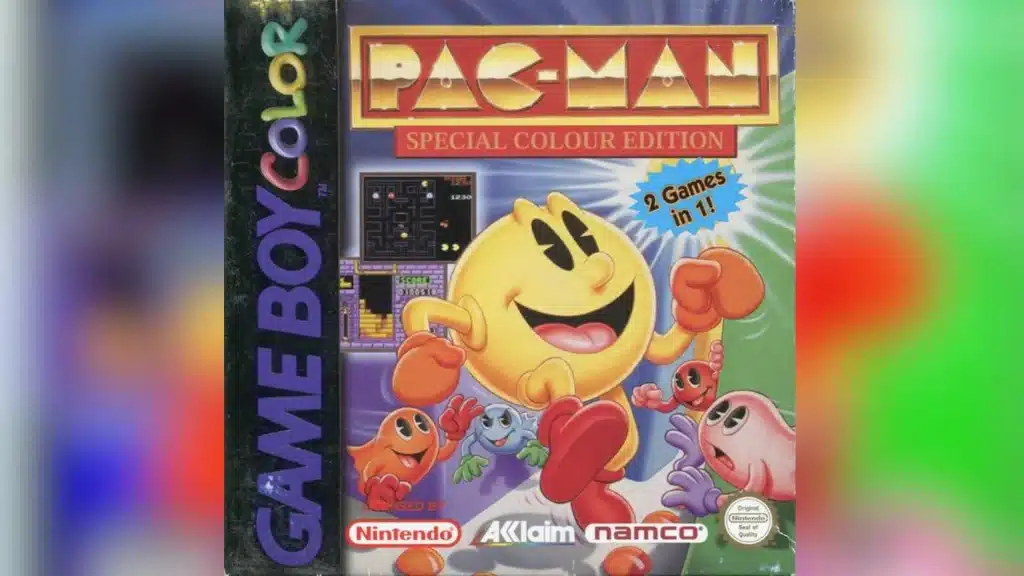 Pac-Man Special Colour Edition Game Boy Color cover showing Pac-Man running with ghosts and game screenshots in the background, featuring Nintendo, Acclaim, and Namco branding